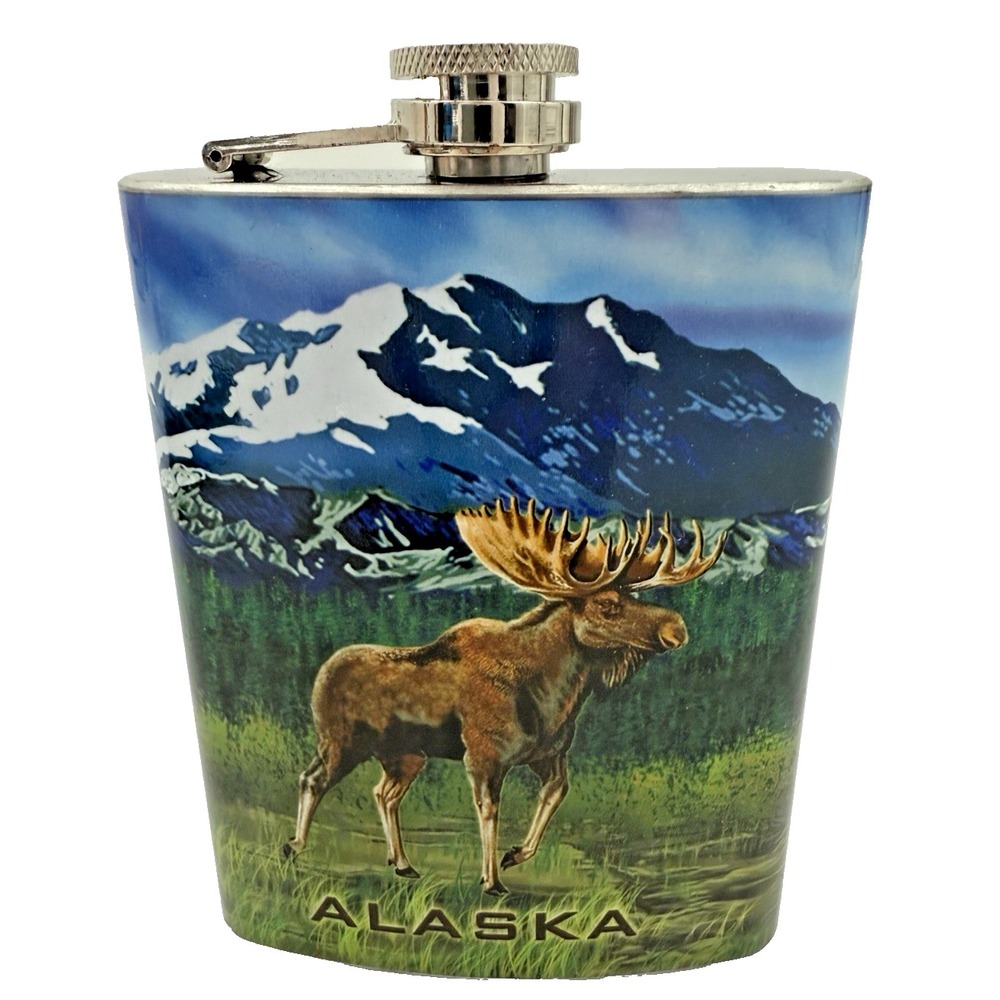Flask 8 oz. Stainless Steel Hip Flask with Alaskan Moose and Bear Photos
